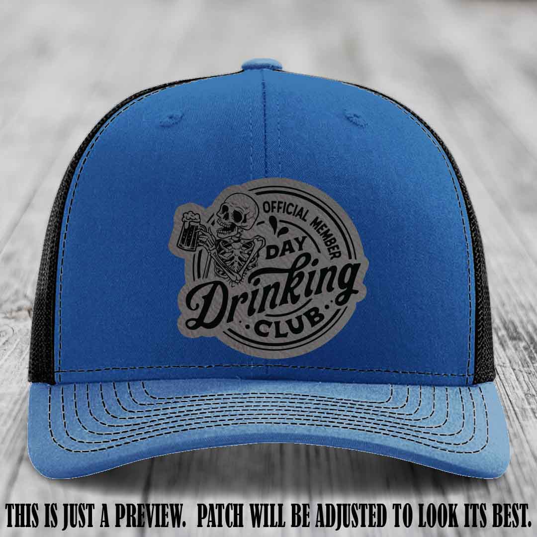 Day Drinking Club grey to black patch on royal to black hat Richardson 112 custom trucker hat