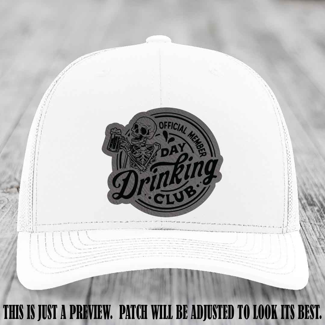 Day Drinking Club grey to black patch on white hat Richardson 112 custom trucker hat