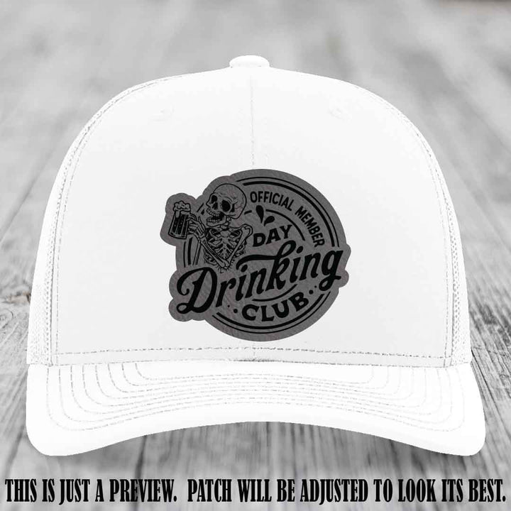 Day Drinking Club grey to black patch on white hat Richardson 112 custom trucker hat