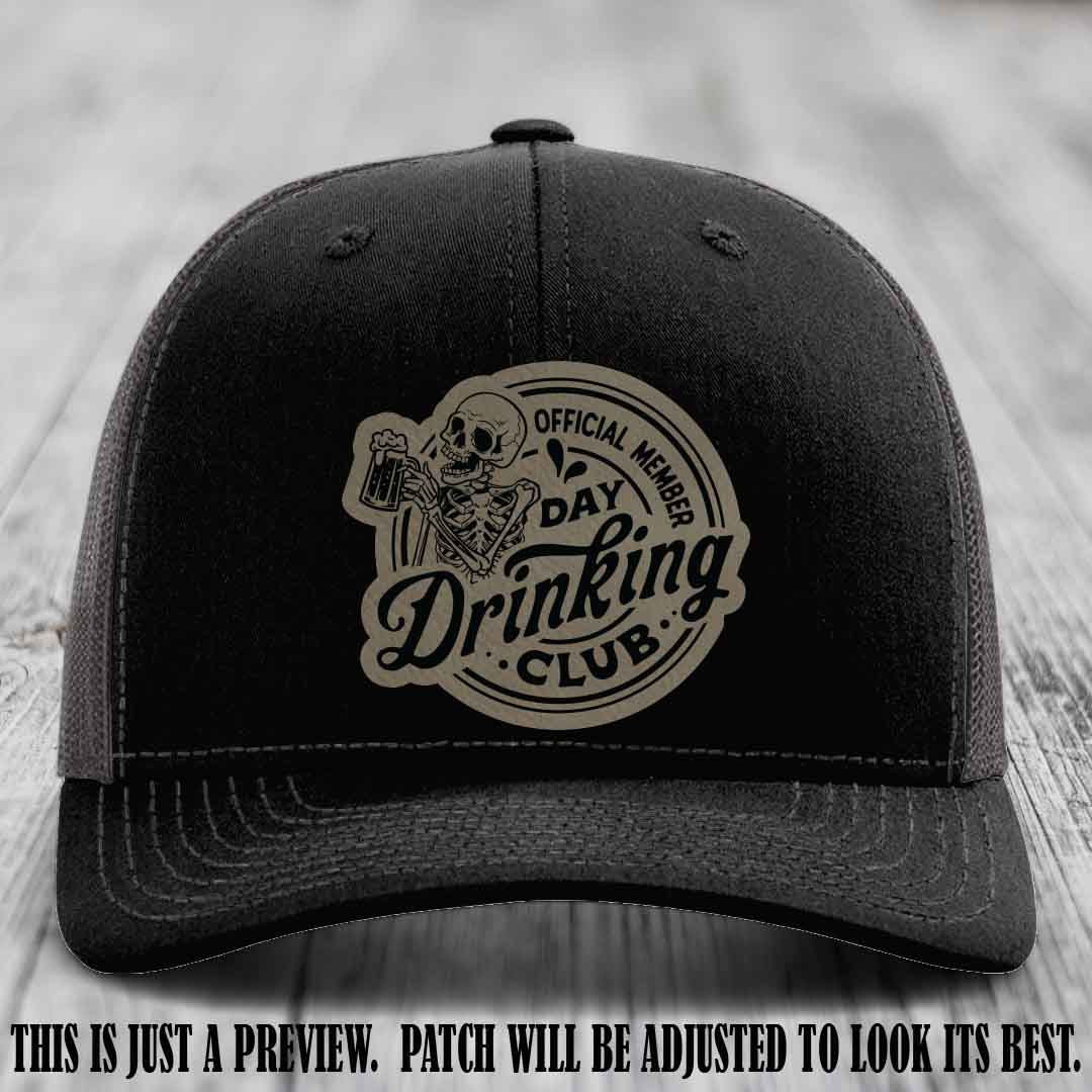 Day Drinking Club light brown to black patch on black to charcoal hat Richardson 112 custom trucker hat