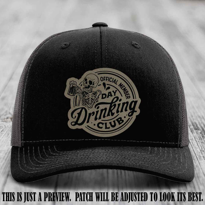 Day Drinking Club light brown to black patch on black to charcoal hat Richardson 112 custom trucker hat
