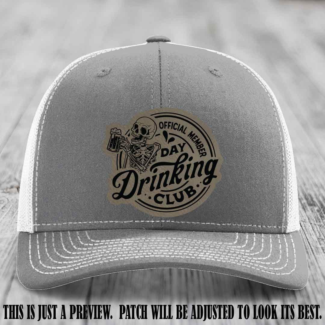 Day Drinking Club light brown to black patch on heather grey to white hat Richardson 112 custom trucker hat