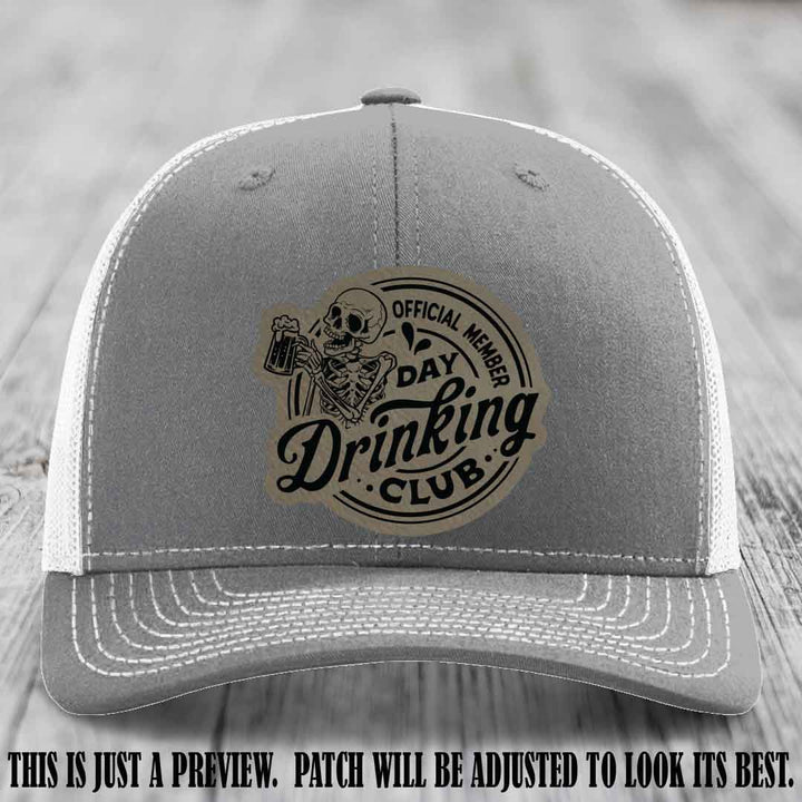 Day Drinking Club light brown to black patch on heather grey to white hat Richardson 112 custom trucker hat