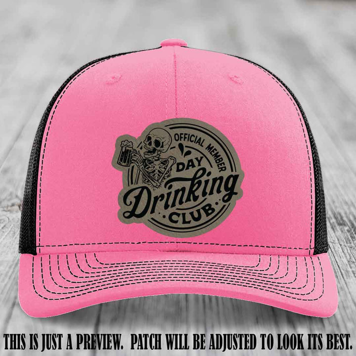 Day Drinking Club light brown to black patch on hot pink to black hat Richardson 112 custom trucker hat