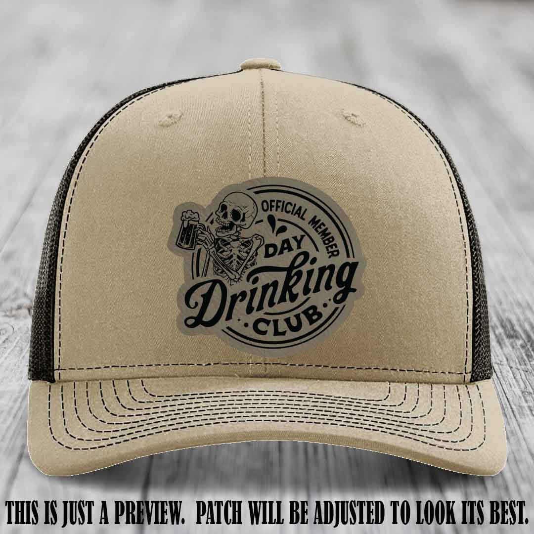 Day Drinking Club light brown to black patch on khaki to coffee hat Richardson 112 custom trucker hat