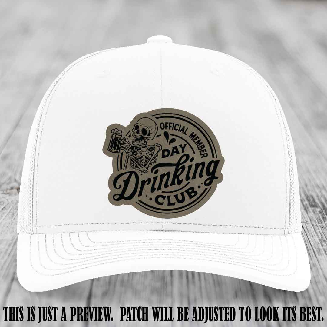 Day Drinking Club light brown to black patch on white hat Richardson 112 custom trucker hat