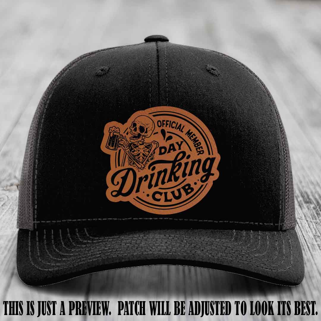 Day Drinking Club rawhide to black patch on black to charcoal hat Richardson 112 custom trucker hat