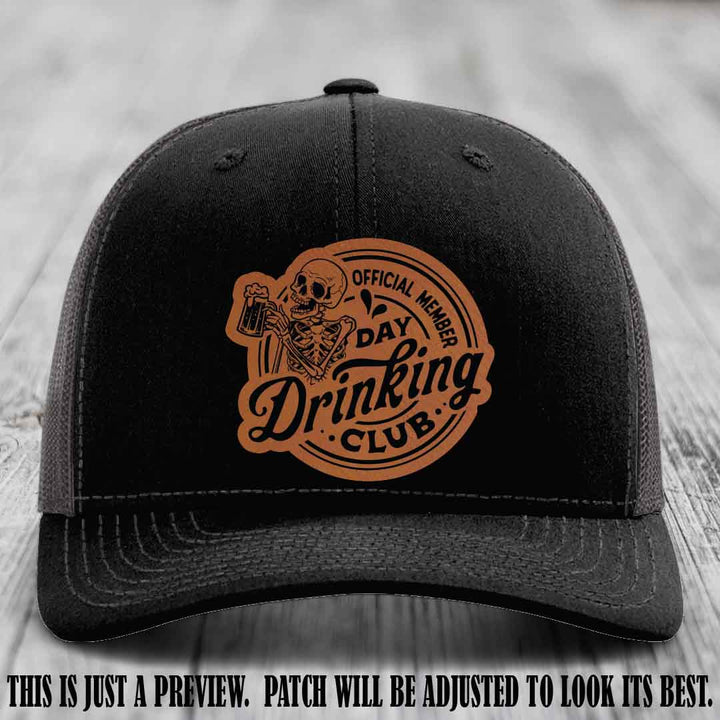 Day Drinking Club rawhide to black patch on black to charcoal hat Richardson 112 custom trucker hat