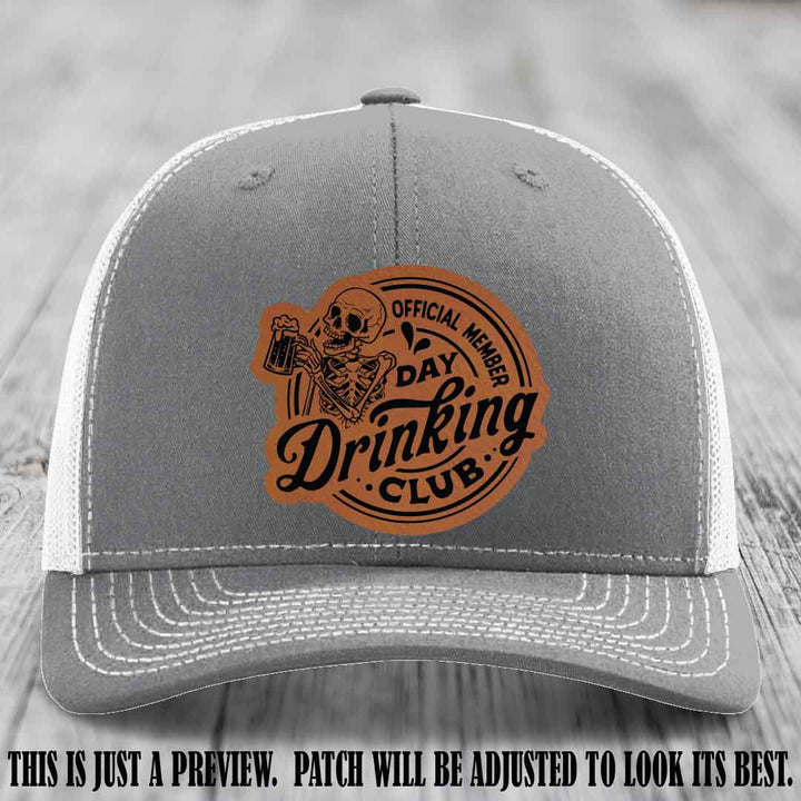Day Drinking Club rawhide to black patch on heather grey to white hat Richardson 112 custom trucker hat