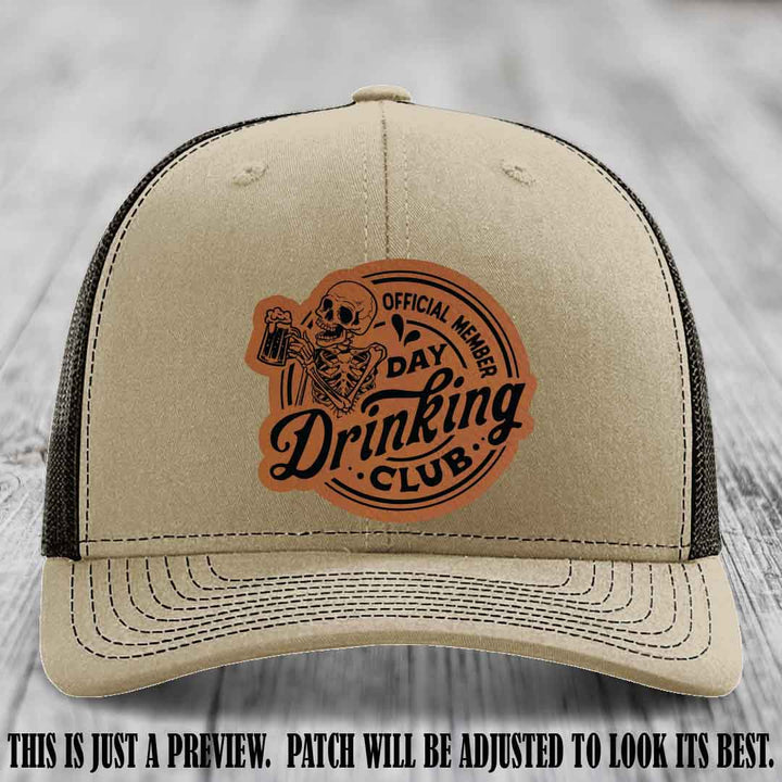 Day Drinking Club rawhide to black patch on khaki to coffee hat Richardson 112 custom trucker hat