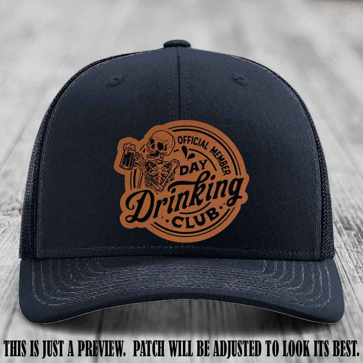 Day Drinking Club rawhide to black patch on navy hat Richardson 112 custom trucker hat