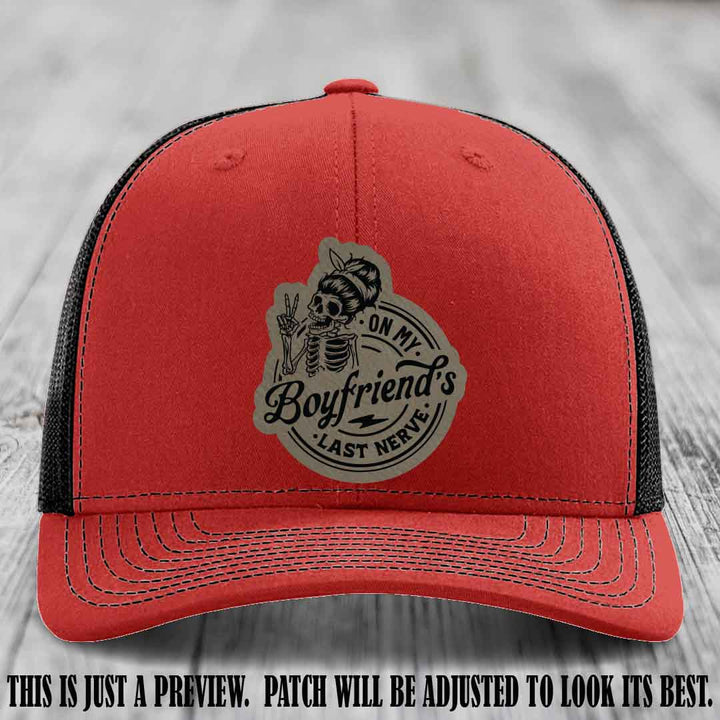 On My Boyfriend's Last Nerve Light Brown to Black Patch on Red to Black Hat, custom Richardson 112 leather patch hat