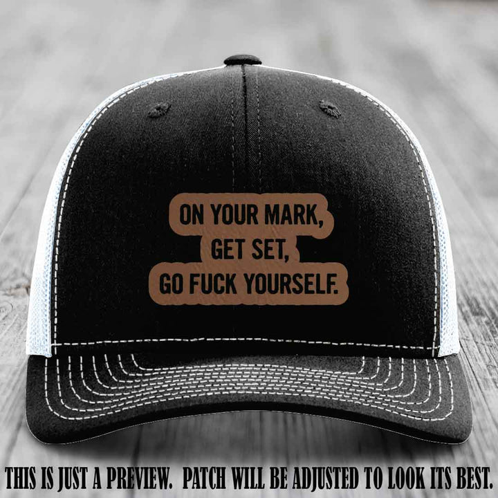 On Your Mark - Dark Brown to Black Patch on Black to White Hat Richardson 112 Leather Patch Hat