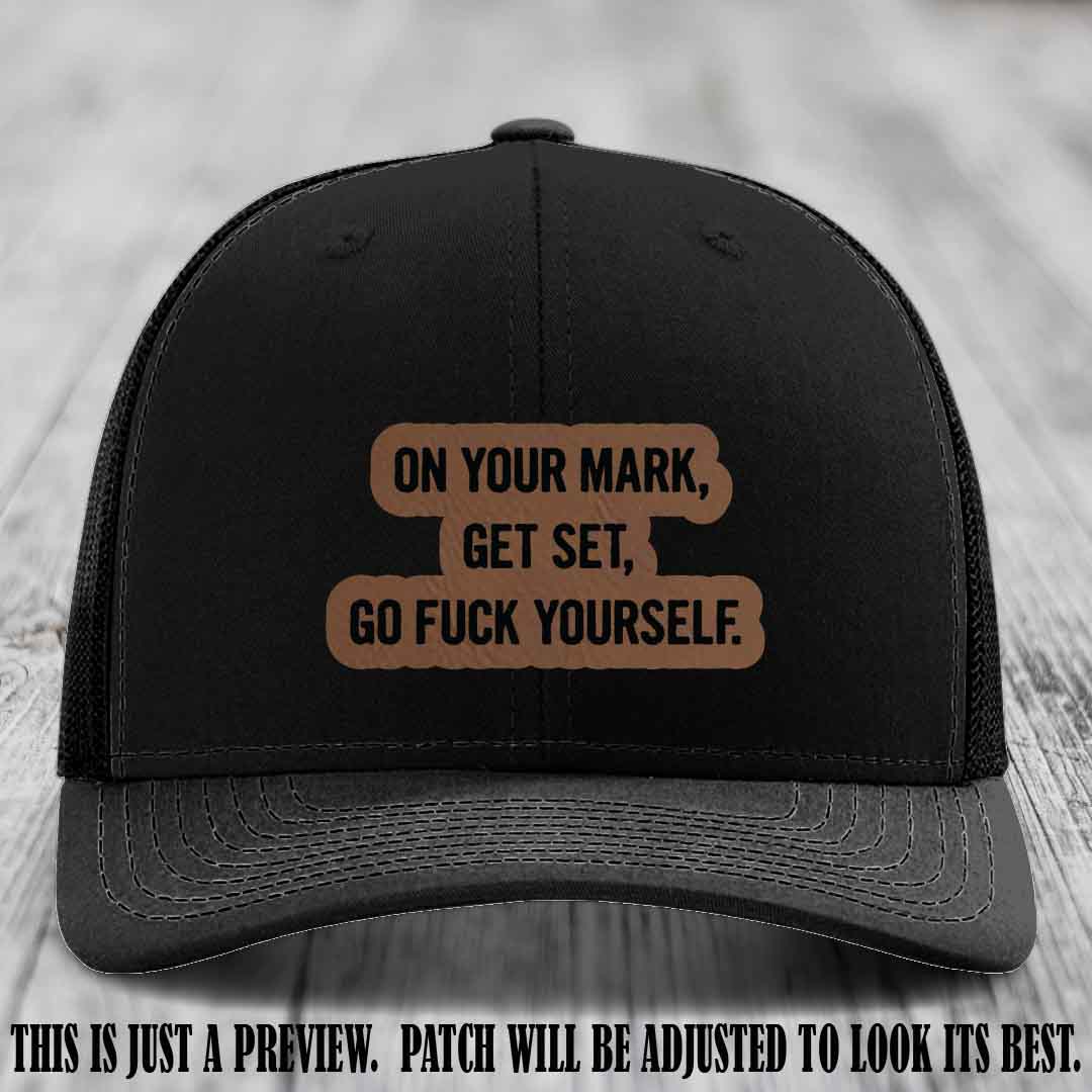 On Your Mark - Dark Brown to Black Patch on Black Hat Richardson 112 Leather Patch Hat