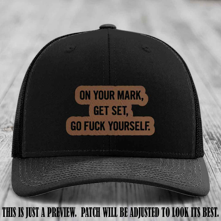 On Your Mark - Dark Brown to Black Patch on Black Hat Richardson 112 Leather Patch Hat
