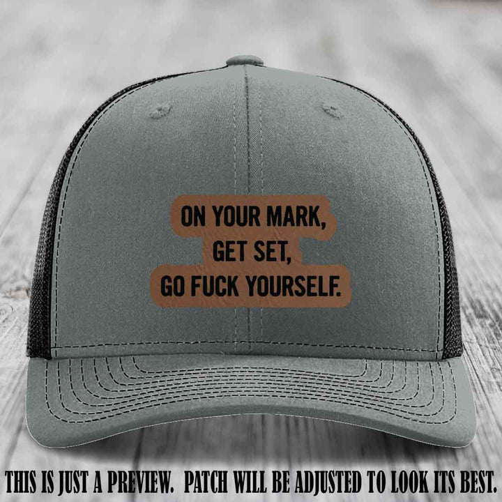 On Your Mark - Dark Brown to Black Patch on Heather Grey to Black Hat Richardson 112 Leather Patch Hat