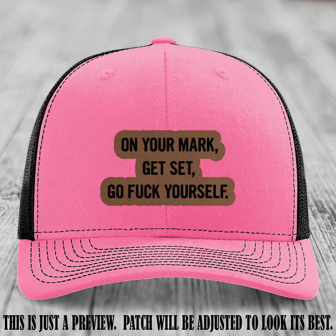 On Your Mark - Dark Brown to Black Patch on Hot Pink to Black Hat Richardson 112 Leather Patch Hat