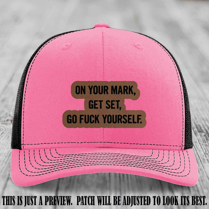 On Your Mark - Dark Brown to Black Patch on Hot Pink to Black Hat Richardson 112 Leather Patch Hat