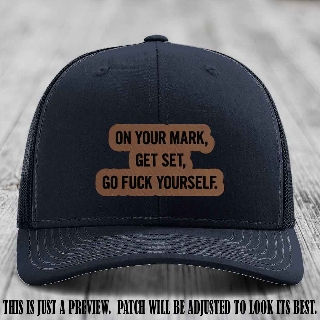 On Your Mark - Dark Brown to Black Patch on Navy Hat Richardson 112 Leather Patch Hat