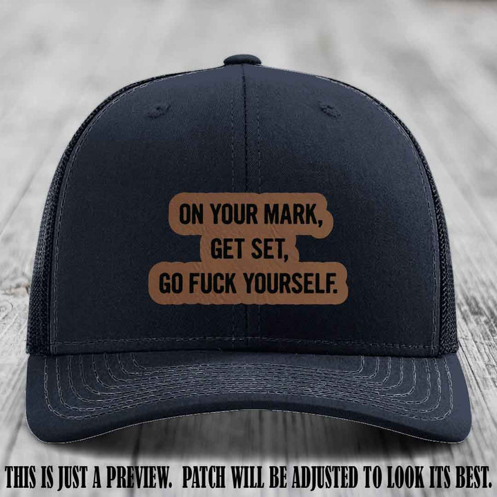 On Your Mark - Dark Brown to Black Patch on Navy Hat Richardson 112 Leather Patch Hat