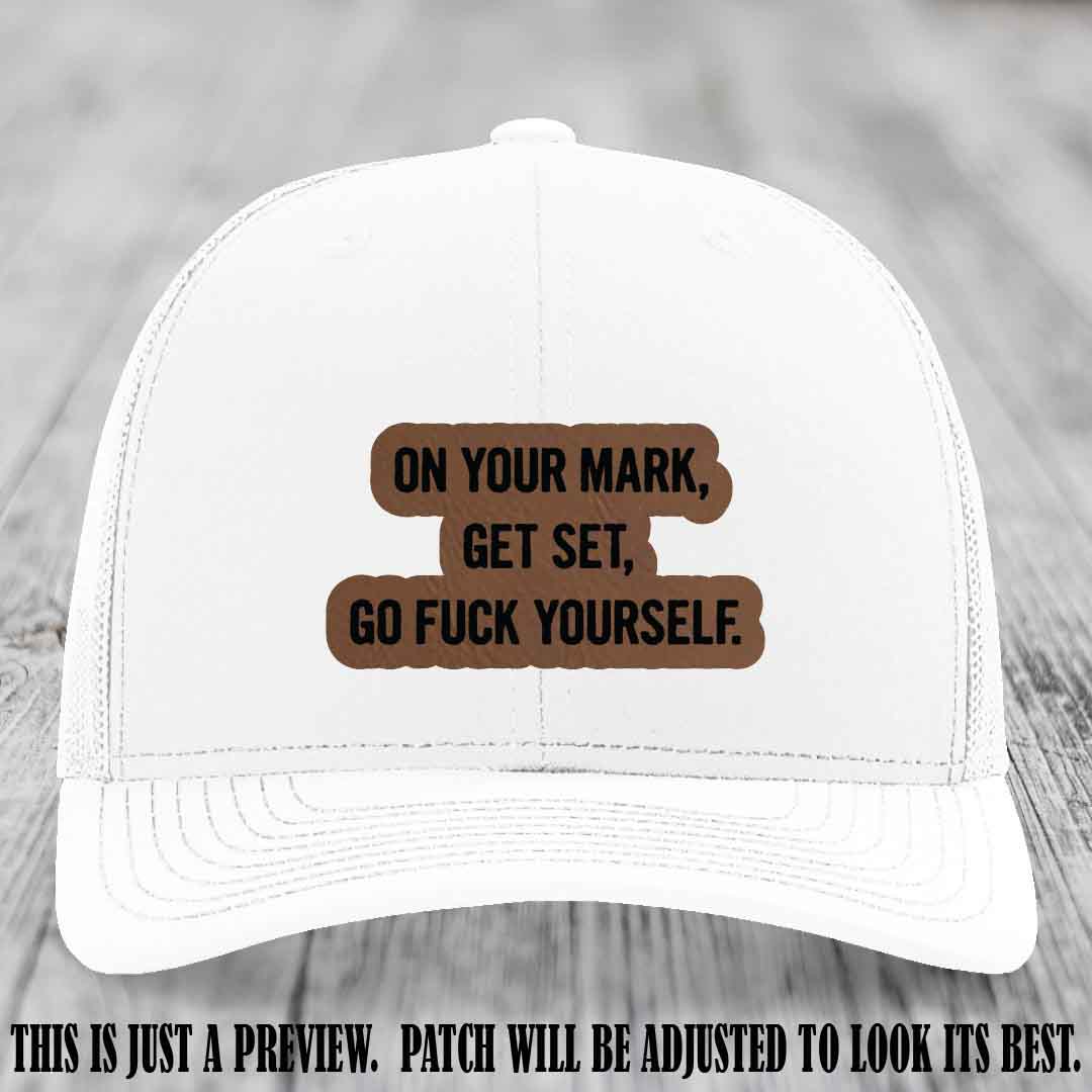 On Your Mark - Dark Brown to Black Patch on White Hat Richardson 112 Leather Patch Hat