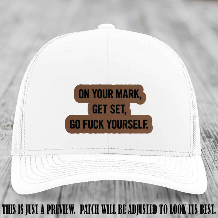 On Your Mark - Dark Brown to Black Patch on White Hat Richardson 112 Leather Patch Hat