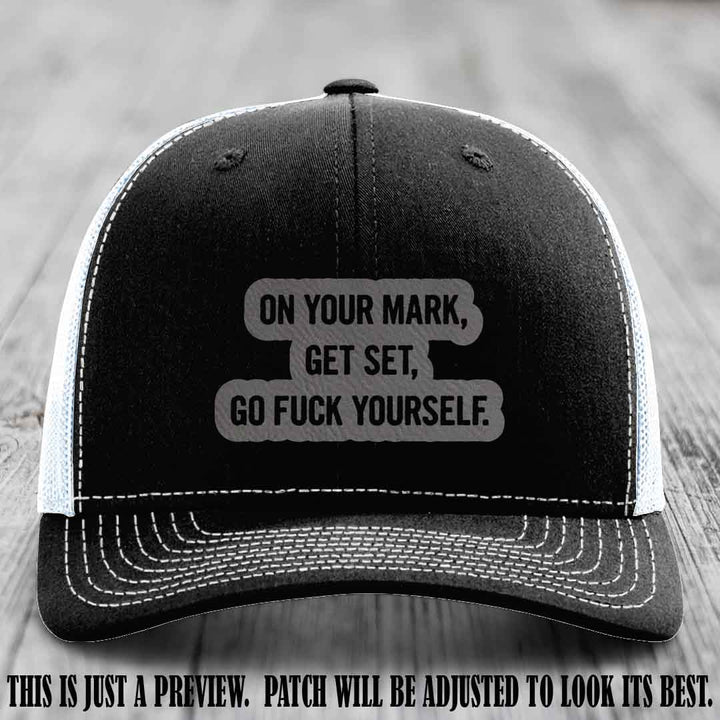 On Your Mark - Grey to Black Patch on Black to White Hat Richardson 112 Leather Patch Hat