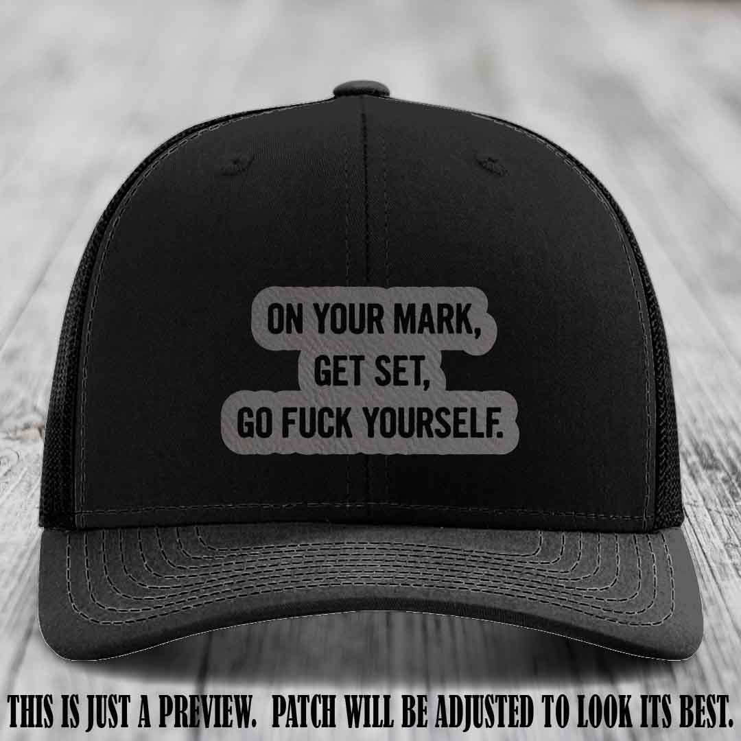 On Your Mark - Grey to Black Patch on Black Hat Richardson 112 Leather Patch Hat