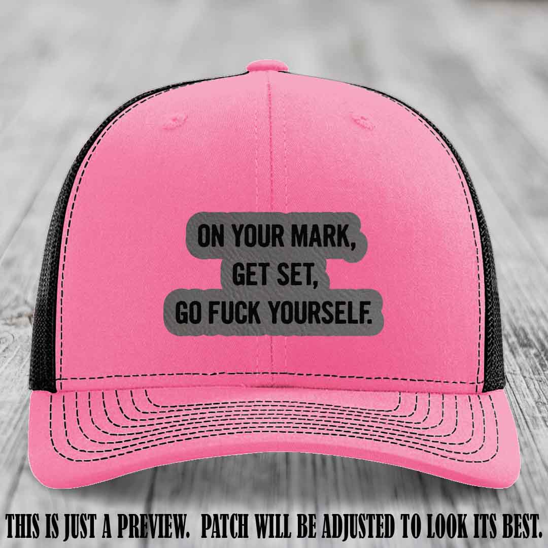 On Your Mark - Grey to Black Patch on Hot Pink to Black Hat Richardson 112 Leather Patch Hat
