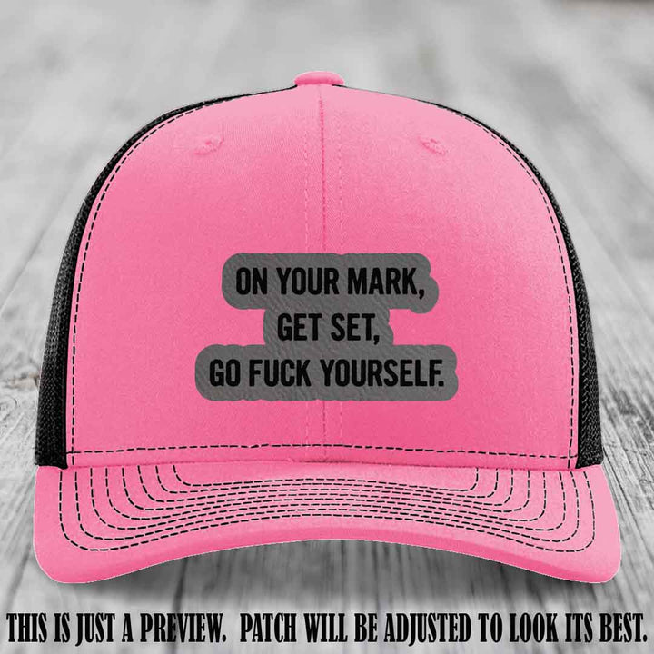 On Your Mark - Grey to Black Patch on Hot Pink to Black Hat Richardson 112 Leather Patch Hat