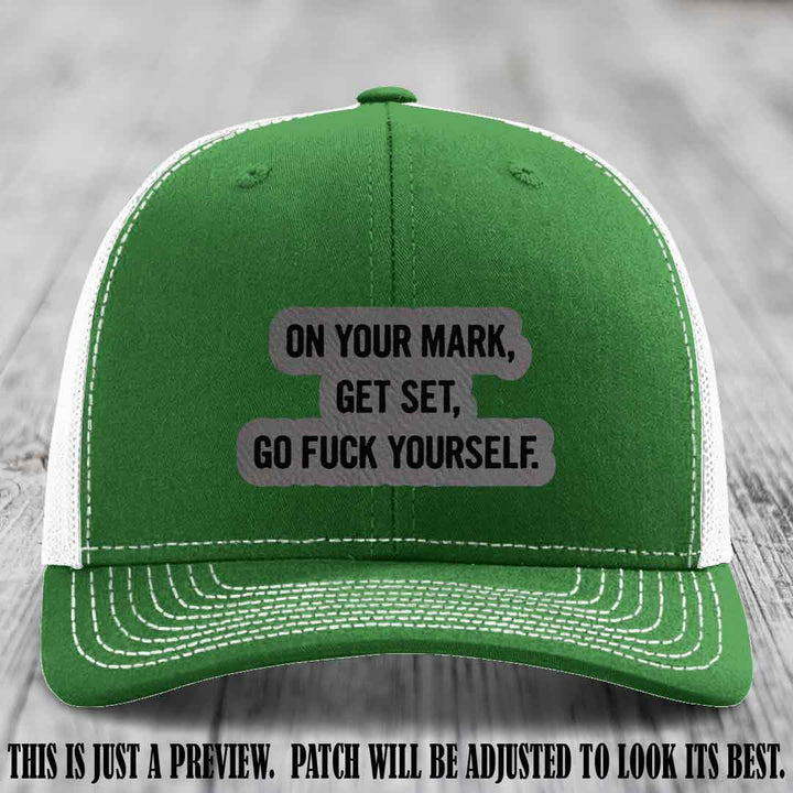 On Your Mark - Grey to Black Patch on Kelly to White Hat Richardson 112 Leather Patch Hat