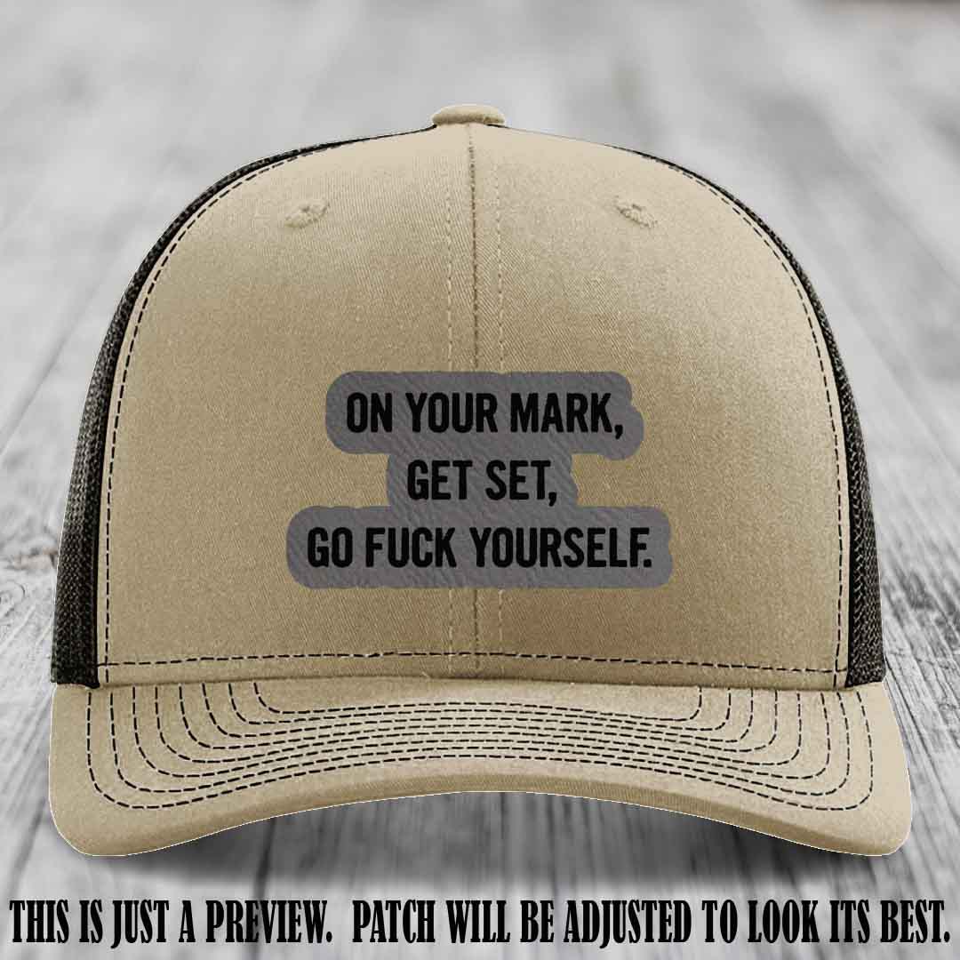 On Your Mark - Grey to Black Patch on Khaki to Coffee Hat Richardson 112 Leather Patch Hat