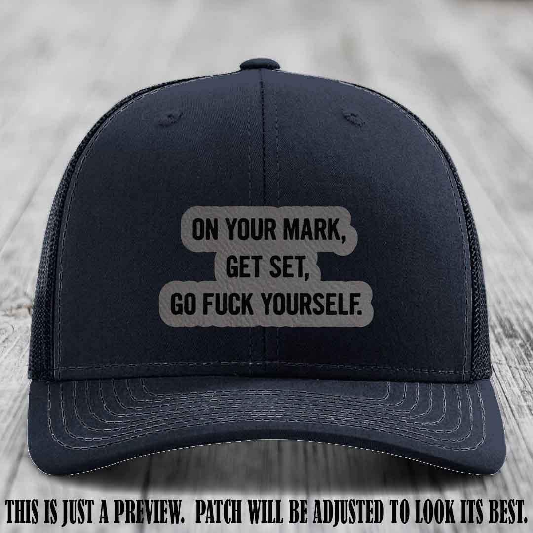 On Your Mark - Grey to Black Patch on Navy Hat Richardson 112 Leather Patch Hat