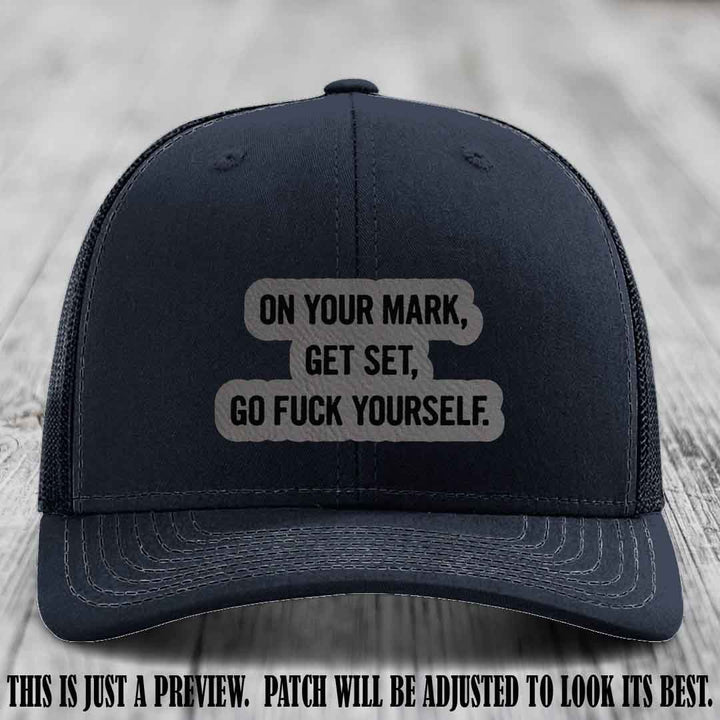 On Your Mark - Grey to Black Patch on Navy Hat Richardson 112 Leather Patch Hat