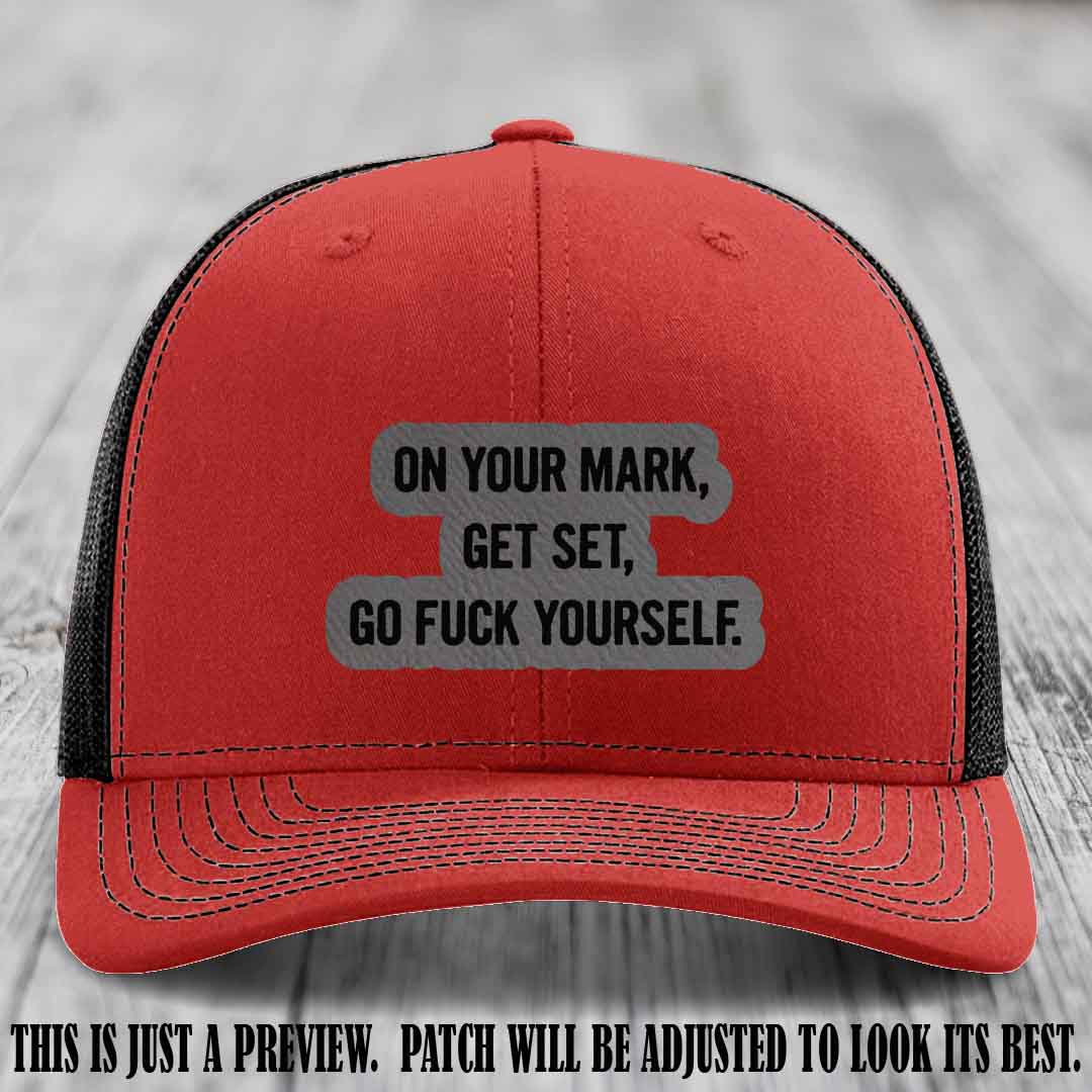 On Your Mark - Grey to Black Patch on Red to Black Hat Richardson 112 Leather Patch Hat