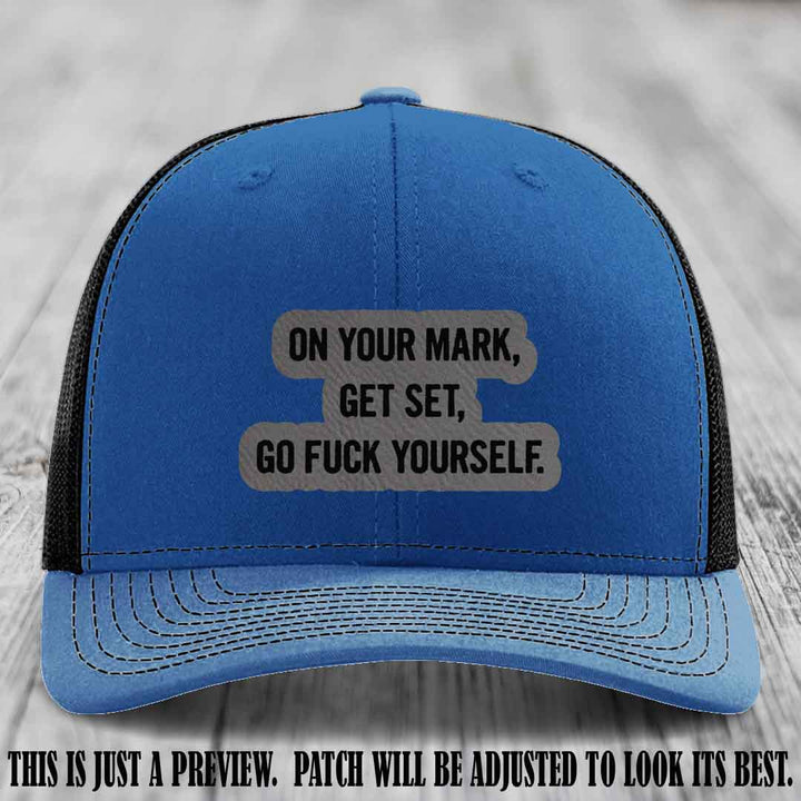 On Your Mark - Grey to Black Patch on Royal to Black Hat Richardson 112 Leather Patch Hat
