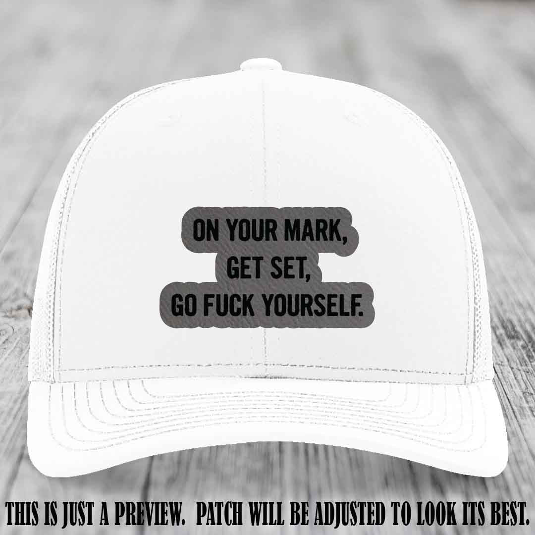 On Your Mark - Grey to Black Patch on White Hat Richardson 112 Leather Patch Hat
