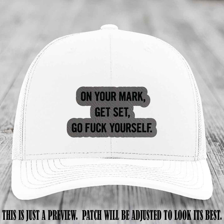 On Your Mark - Grey to Black Patch on White Hat Richardson 112 Leather Patch Hat