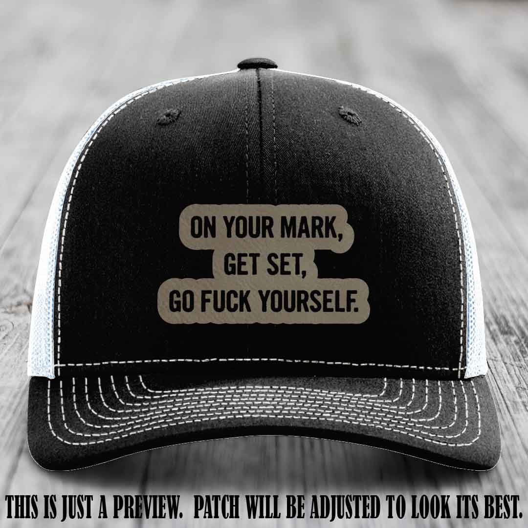 On Your Mark - Light Brown to Black Patch on Black to White Hat Richardson 112 Leather Patch Hat
