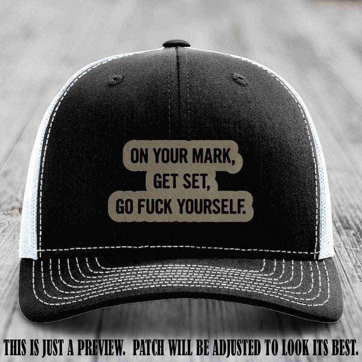 On Your Mark - Light Brown to Black Patch on Black to White Hat Richardson 112 Leather Patch Hat