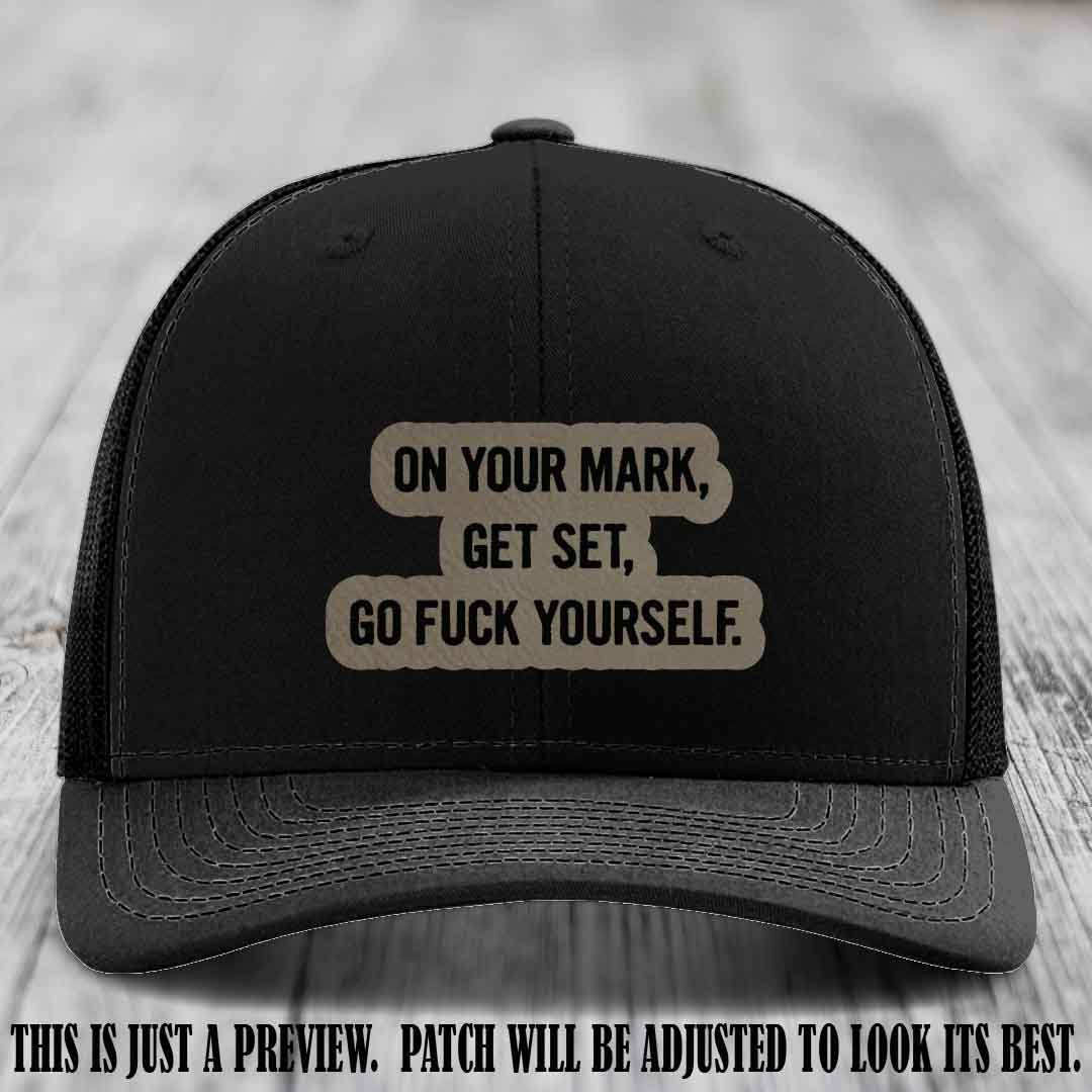 On Your Mark - Light Brown to Black Patch on Black Hat Richardson 112 Leather Patch Hat
