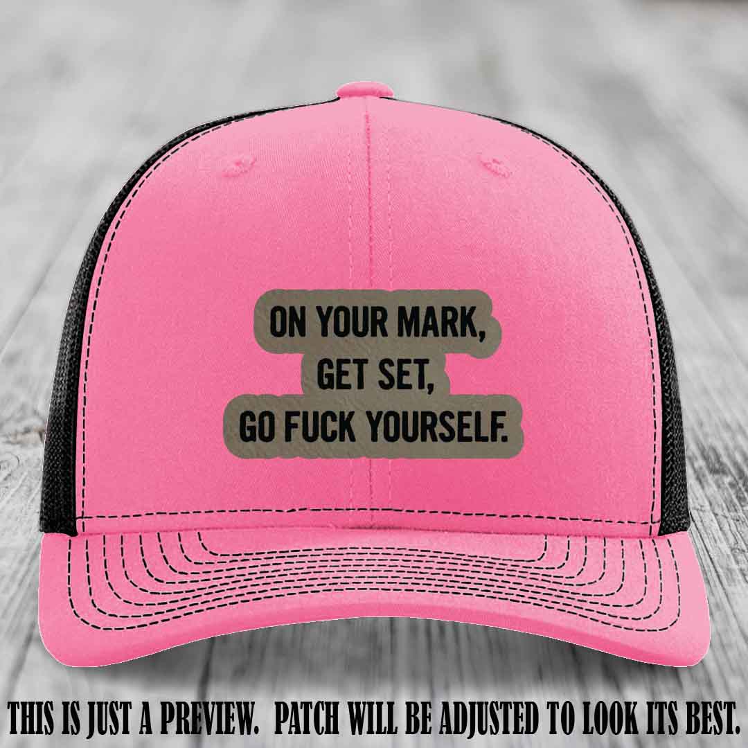 On Your Mark - Light Brown to Black Patch on Hot Pink to Black Hat Richardson 112 Leather Patch Hat