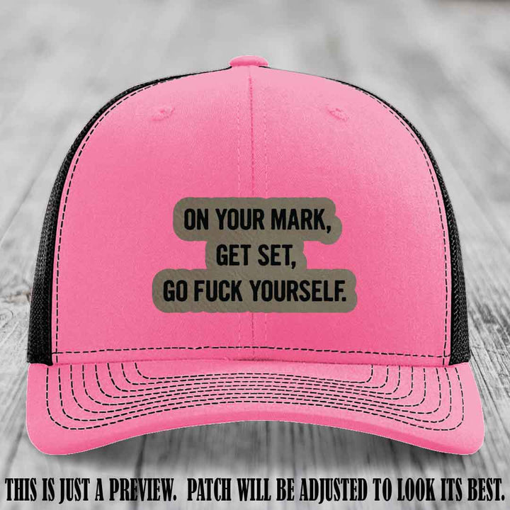 On Your Mark - Light Brown to Black Patch on Hot Pink to Black Hat Richardson 112 Leather Patch Hat