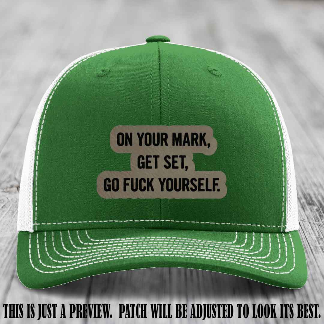 On Your Mark - Light Brown to Black Patch on Kelly to White Hat Richardson 112 Leather Patch Hat