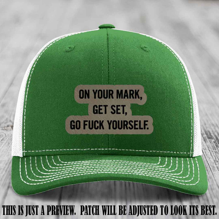 On Your Mark - Light Brown to Black Patch on Kelly to White Hat Richardson 112 Leather Patch Hat