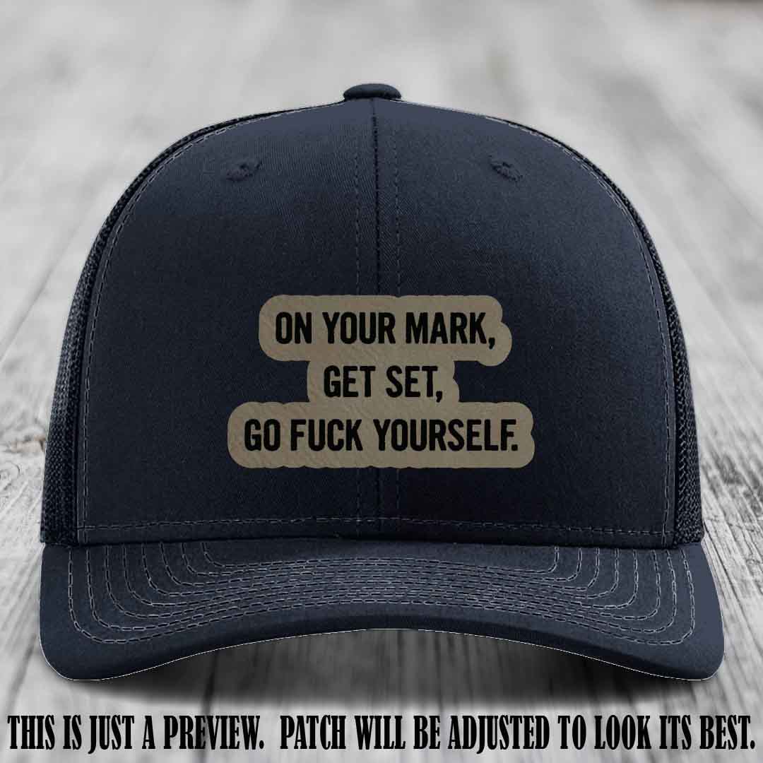 On Your Mark - Light Brown to Black Patch on Navy Hat Richardson 112 Leather Patch Hat