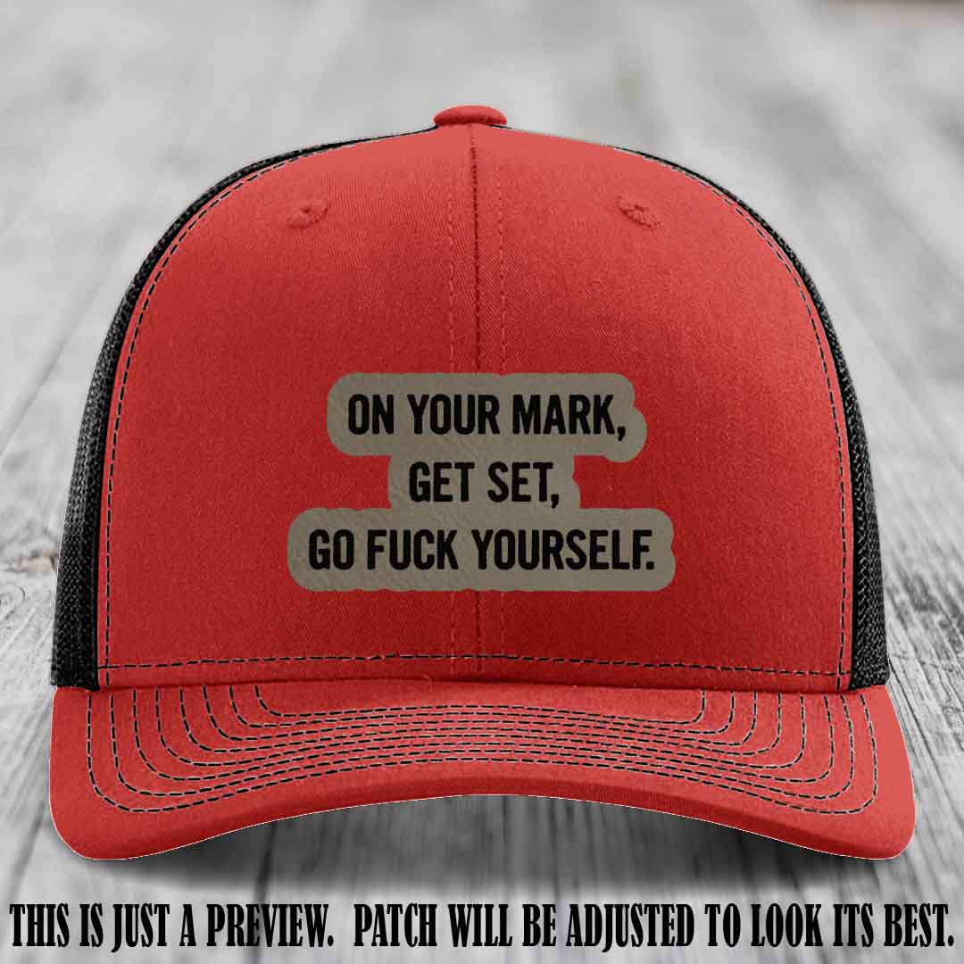 On Your Mark - Light Brown to Black Patch on Red to Black Hat Richardson 112 Leather Patch Hat