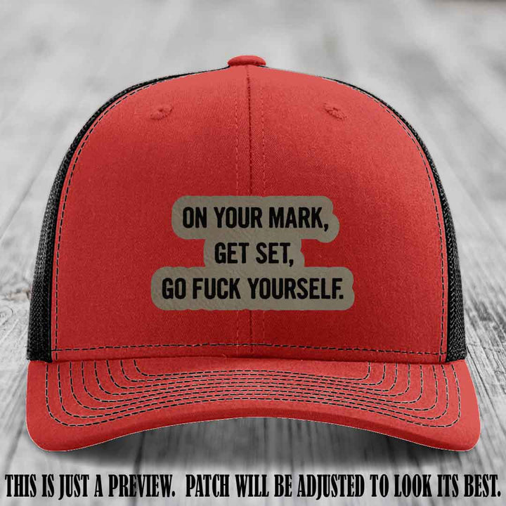 On Your Mark - Light Brown to Black Patch on Red to Black Hat Richardson 112 Leather Patch Hat