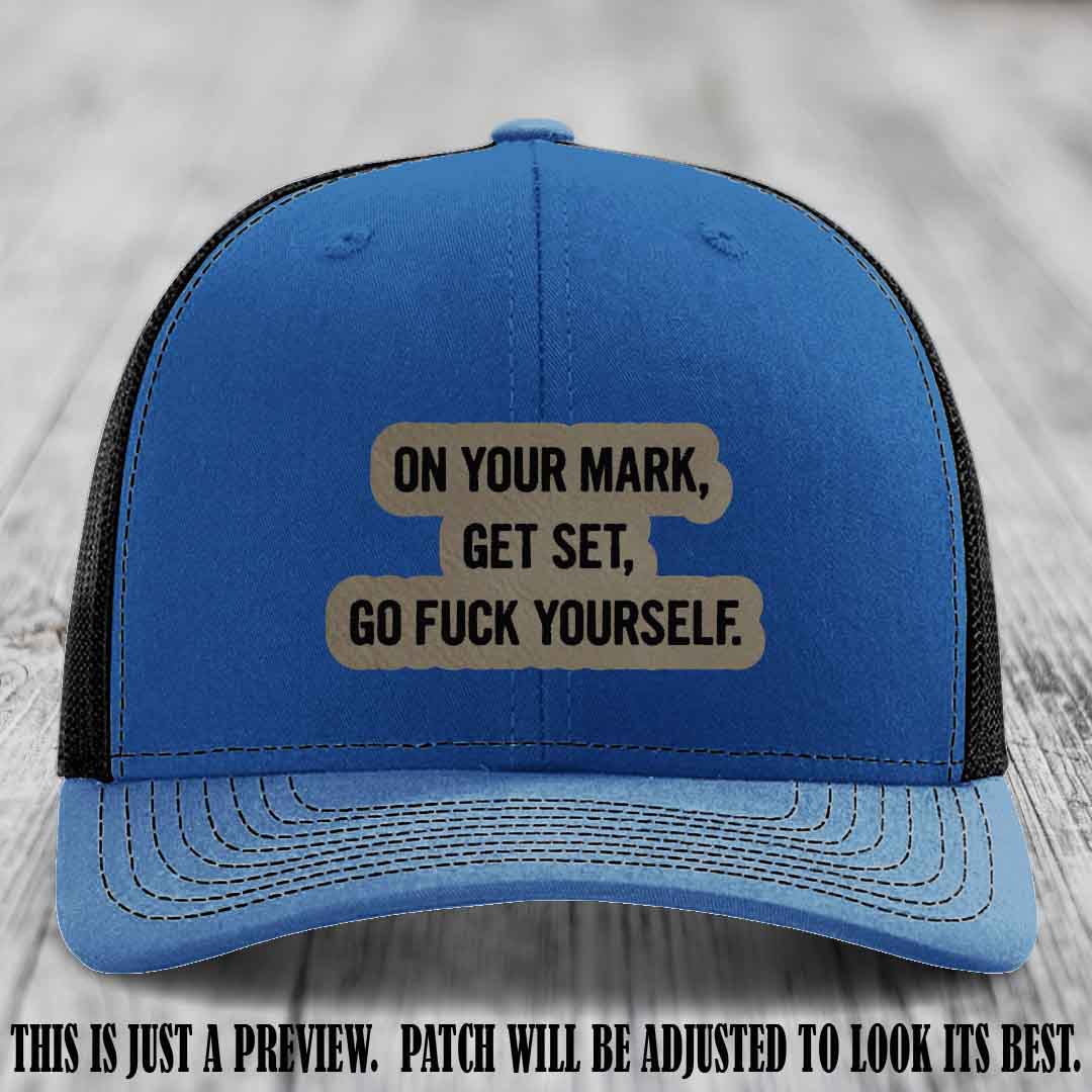 On Your Mark - Light Brown to Black Patch on Royal to Black Hat Richardson 112 Leather Patch Hat