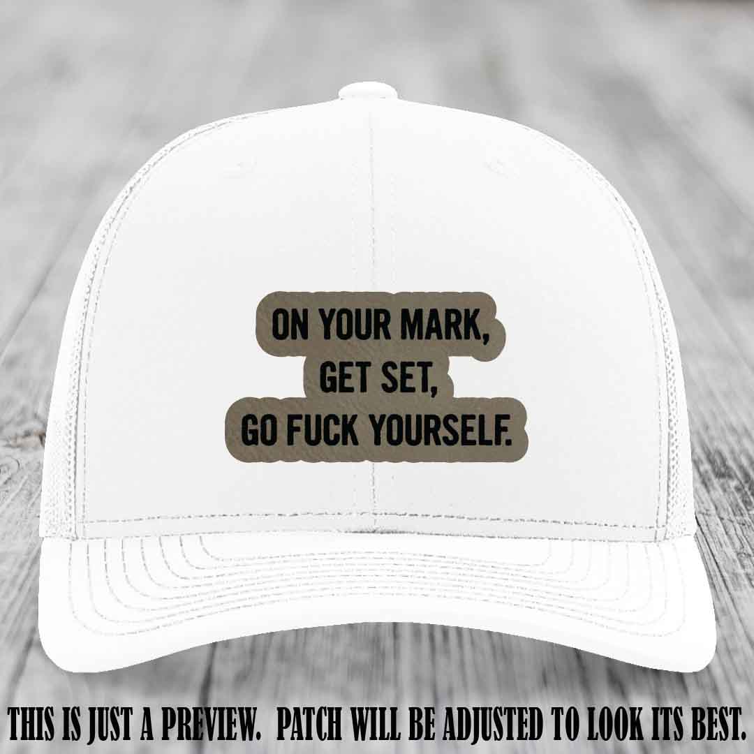On Your Mark - Light Brown to Black Patch on White Hat Richardson 112 Leather Patch Hat